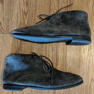 Gray suede chukka style flat ankle booties